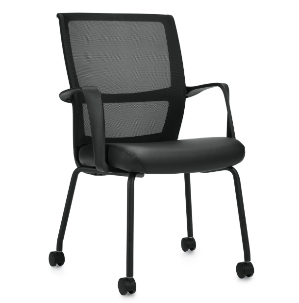 Low Back Mesh Armchair w/ Luxhide Seat with Casters - JD13050B-Guest and Stack Chair