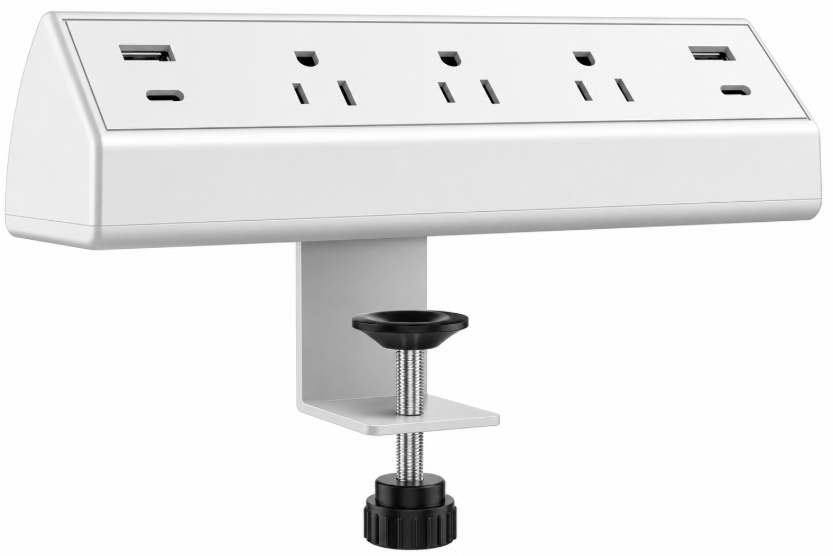 Worksurface Clamp-On Power Station – 3 Outlets + (2) 20W USB-C Charging Ports - ETL Listed – White