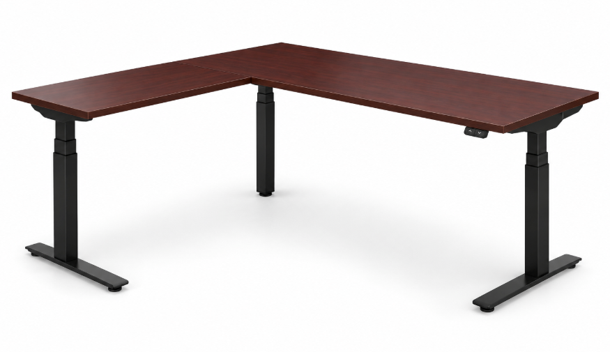 L-Shaped Height Adjustable Desk - Entire Workspace Goes Up &amp; Down - 72" x 30" Worksurface w/ 48" x 24 Return - Mahogany Finish w/ Black Base