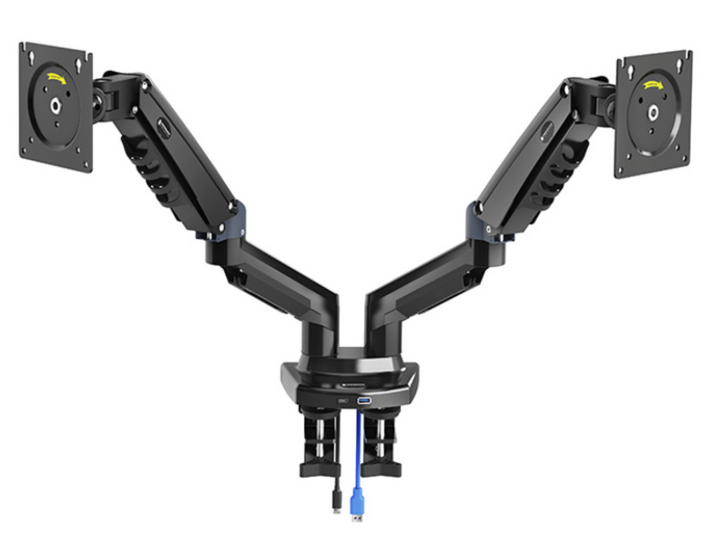 Dual Arm Monitor Arm w/ Built-In Dual USB Ports - Black