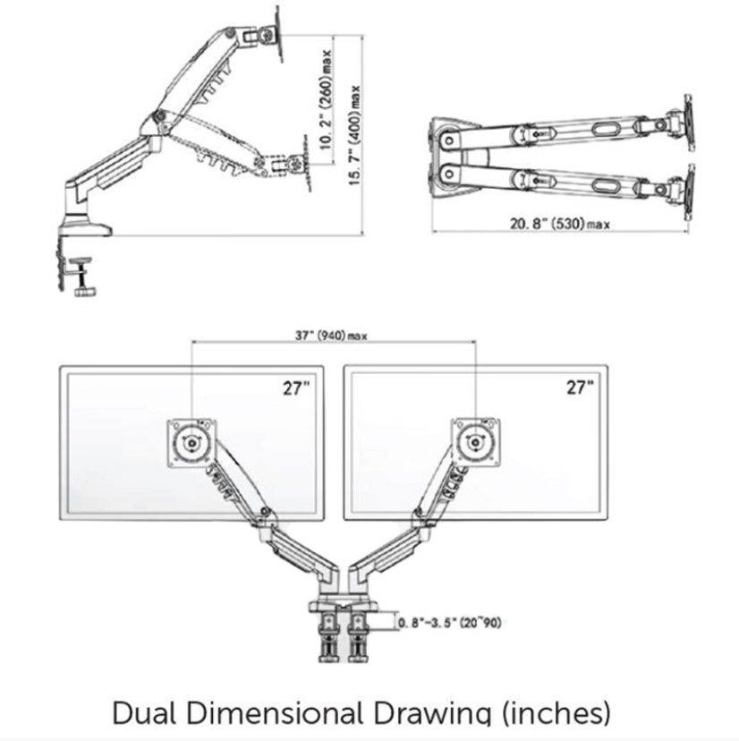Dual Arm Monitor Arm w/ Built-In Dual USB Ports - Black