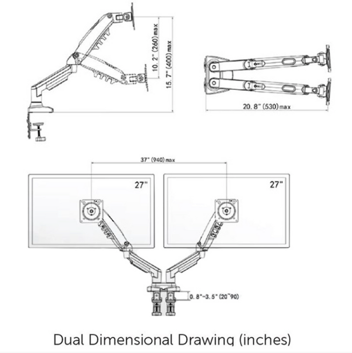 Dual Arm Monitor Arm w/ Built-In Dual USB Ports - Black