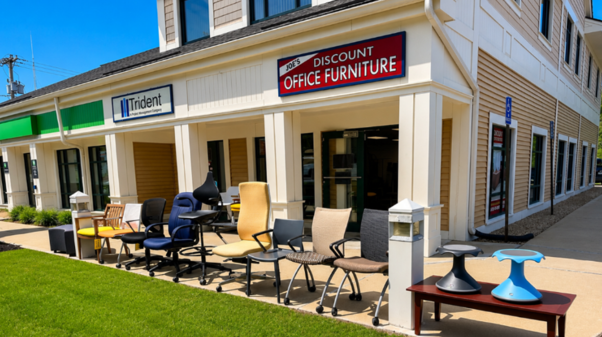 A storefront display of various office chairs and tables set up outside a building with a sign reading 'DISCOUNT OFFICE FURNITURE' and another 'Trident' sign. The furniture includes office desks, chairs, and stools in multiple colors like blue, beige, black, and yellow, displayed on a sidewalk next to a green lawn.