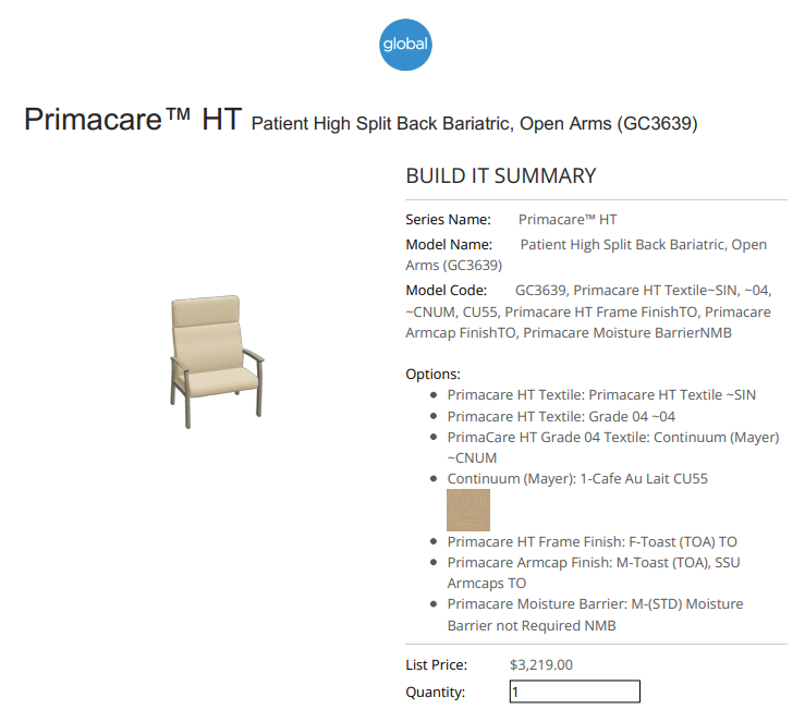 RATED FOR 500lbs. - Global Furniture Group - Primacare HT - Heavy Duty High Split Back Chair - GC3639 - List Price: $3,219 - Closeout Special