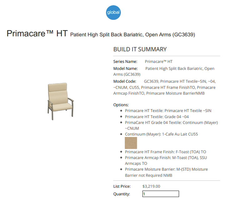 RATED FOR 500lbs. - Global Furniture Group - Primacare HT - Heavy Duty High Split Back Chair - GC3639 - List Price: $3,219 - Closeout Special