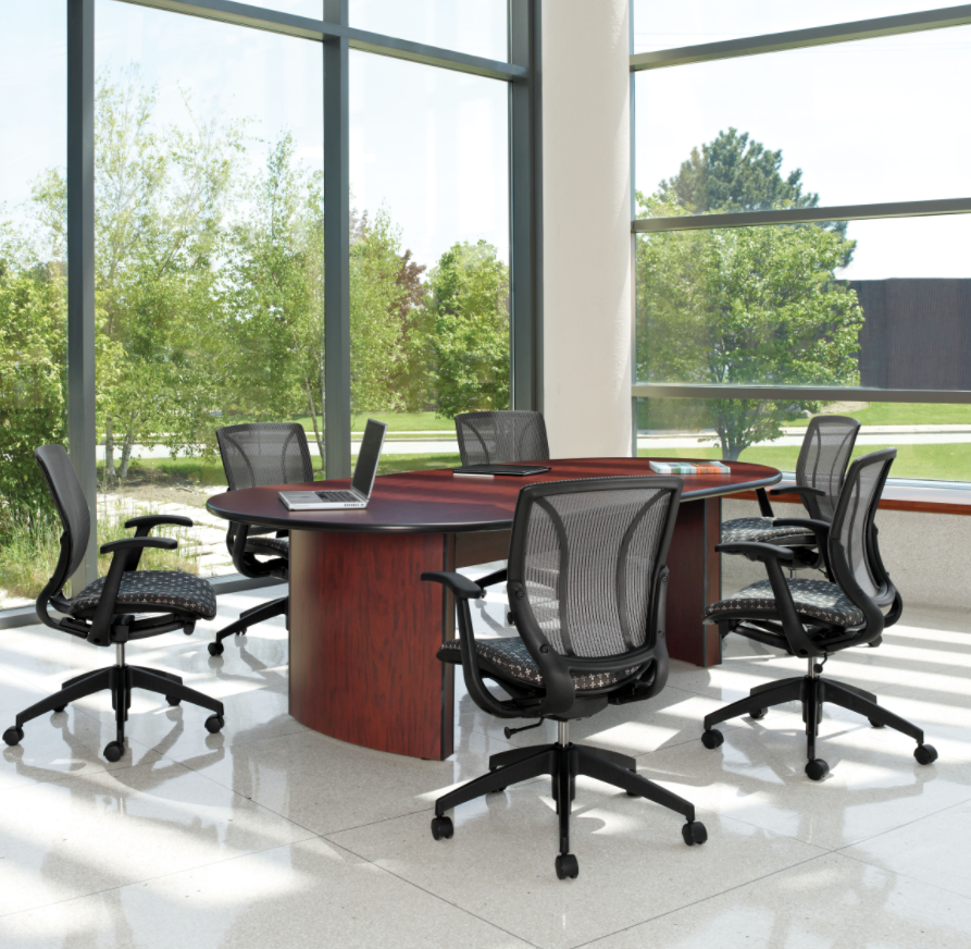 Global - Boardroom Table – 18 Foot – Racetrack Table Top – Matching Finish T-Mold Edge – Slab Base – 48 x 216 x 29 – GCT18WBX2TM – Quartered Mahogany (QTM) - List Price: $2,229 - Joe's Discount Office Furniture