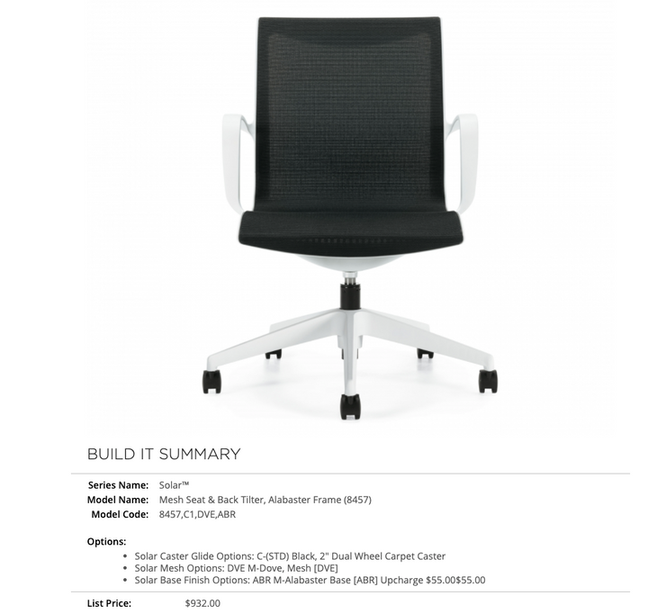 Global - Solar - Mesh Seat &amp; Back Tilter - Alabaster Frame - 8457 - Brand New